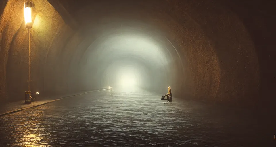Image similar to a beautiful landscape painting, a single lane tunnel with overhead lights, a water monster stands in the shadows, by sam guay, moody lighting, hyperrealism, 4 k, octane render