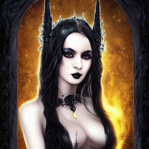 Image similar to a gothic sorceress, long black hair, golden eyes, digital art, highly detailed, high resolution, award winning