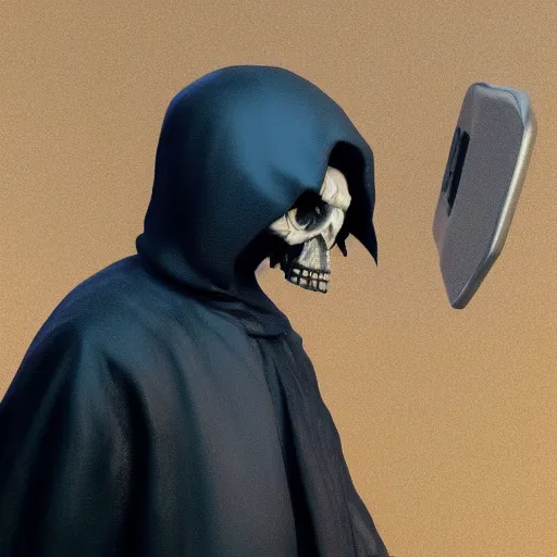 Image similar to a grim reaper with a crt monitor for a head. the monitor has a blue screen with white letters on it. by frank frazetta, simon bisley, brom, concept art, octane render, unreal engine 5, highly detailed, high quality, 8 k, soft lighting, realistic face, path traced