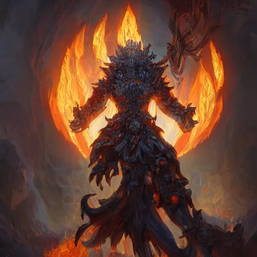 Image similar to ragnaros the fire lord, au naturel, hyper detailed, digital art, trending in artstation, cinematic lighting, studio quality, smooth render, unreal engine 5 rendered, octane rendered, art style by klimt and nixeu and ian sprigger and wlop and krenz cushart