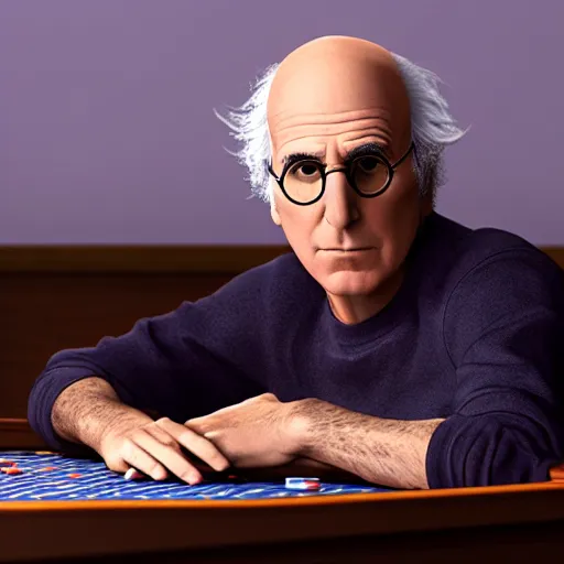 Image similar to larry david playing poker, photorealistic studio portrait, studio lighting, unreal engine 5, hyperrealistic, dynamic lighting, white ambient background, realistic, highly detailed