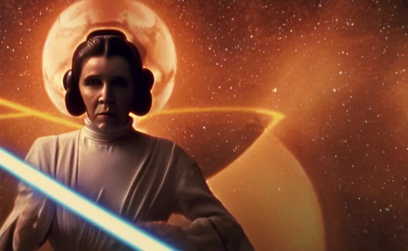 Prompt: screenshot portrait of Princess Leia using her lightsaber on a strange planet of maelstrom, chaos, the world without form and void, 1970s film by Stanley Kubrick, iconic scene, HR Geiger design, stunning cinematography, octane render, hyper-detailed, sharp, anamorphic lenses, kodak color, 4k, stunning