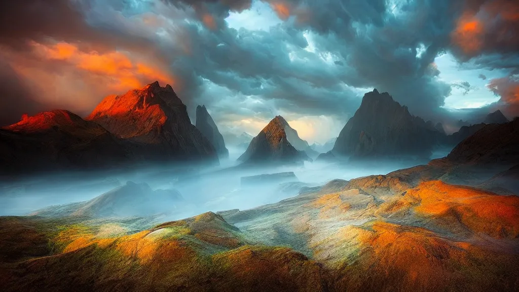 Image similar to amazing landscape photo by marc adamus, beautiful dramatic lighting