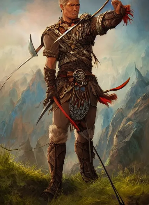 Prompt: archer with bow, ultra detailed fantasy, dndbeyond, bright, colourful, realistic, dnd character portrait, full body, pathfinder, pinterest, art by ralph horsley, dnd, rpg, lotr game design fanart by concept art, behance hd, artstation, deviantart, hdr render in unreal engine 5