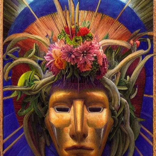 Image similar to masterpiece painting of the head of the robot flower king, by annie swynnerton and diego rivera and jean delville and tino rodriguez, flower mask, symbolist, dramatic lighting, god rays, elaborate geometric ornament, art brut, soft cool colors, smooth, sharp focus, extremely detailed, adolf wolfli