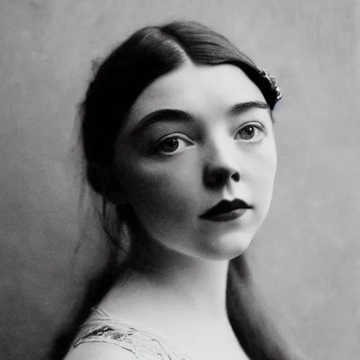 Image similar to headshot edwardian photograph of anya taylor - joy, saoirse ronan, florence pugh, 1 9 2 0 s film actress, realistic face, ethereal, 1 9 1 0 s, grainy, victorian, soft blur