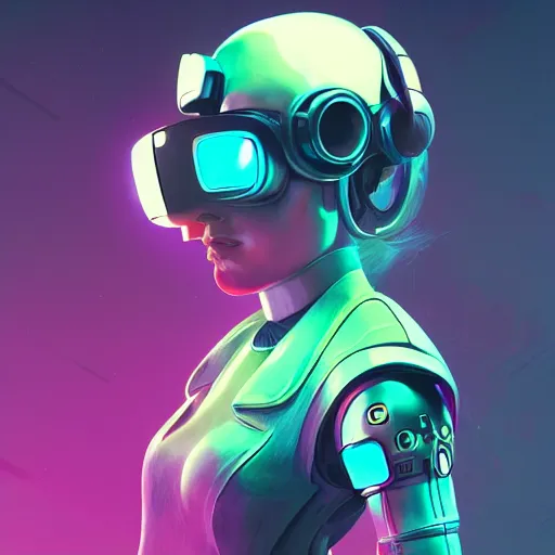 Image similar to cyberpunk concept cool girl cyborg bot, cinema 4 d, galaxy, ufo, space sci - fi, wearing vr goggles, illustration, portrait, pastel neon textured background night, trending on artstation, greg rutkowski, octane rendered, 1 2 k, detailed,