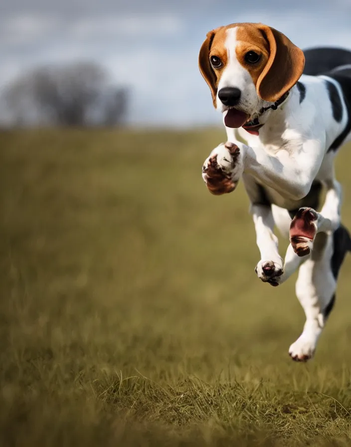 Image similar to a beagle running in a field, matte painting, 8k, depth of field.