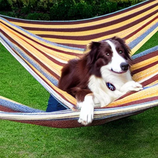 Image similar to brown border collie relaxing in a hammock, drinking hot chocolate