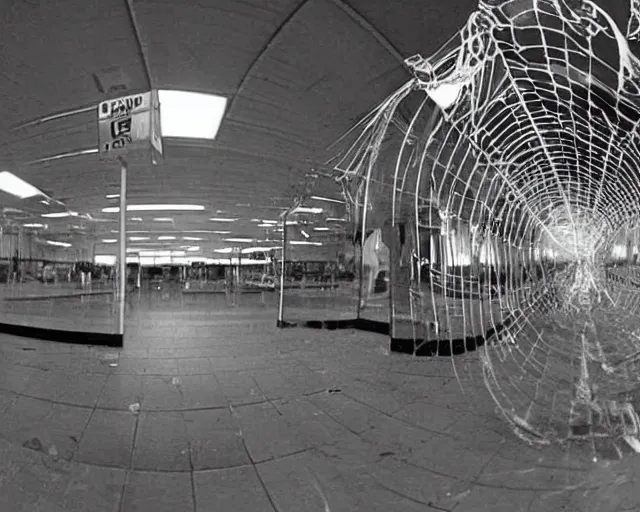 Prompt: camera footage of an abandoned shopping mall and huge spiders and cobwebs, high exposure, dark, monochrome, camera, grainy, CCTV, security camera footage, timestamp, zoomed in, fish-eye lense, spiders!!!!,