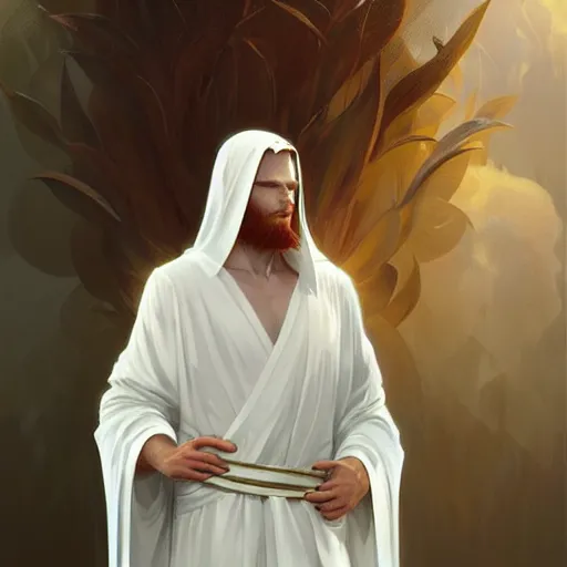 Prompt: beautiful natural male ginger angel wearing white robes, intricate, elegant, highly detailed, digital painting, artstation, concept art, smooth, sharp focus, illustration, art by artgerm and greg rutkowski and alphonse mucha and loish and WLOP