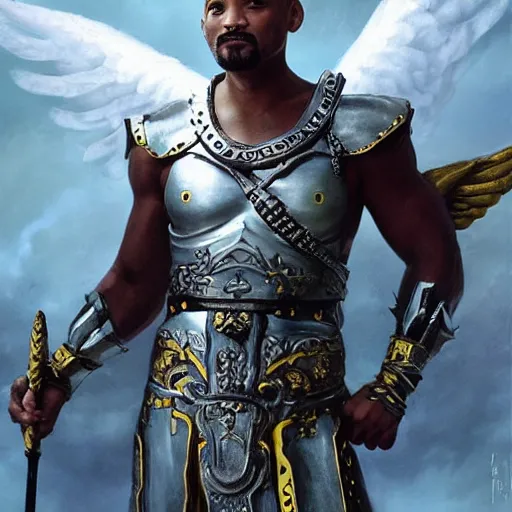 Prompt: will smith dressed as a gladiator and with angel wings fights against demons, matte painting, bold shapes, hard edges, street art, trending on artstation, by huang guangjian and gil elvgren and sachin teng