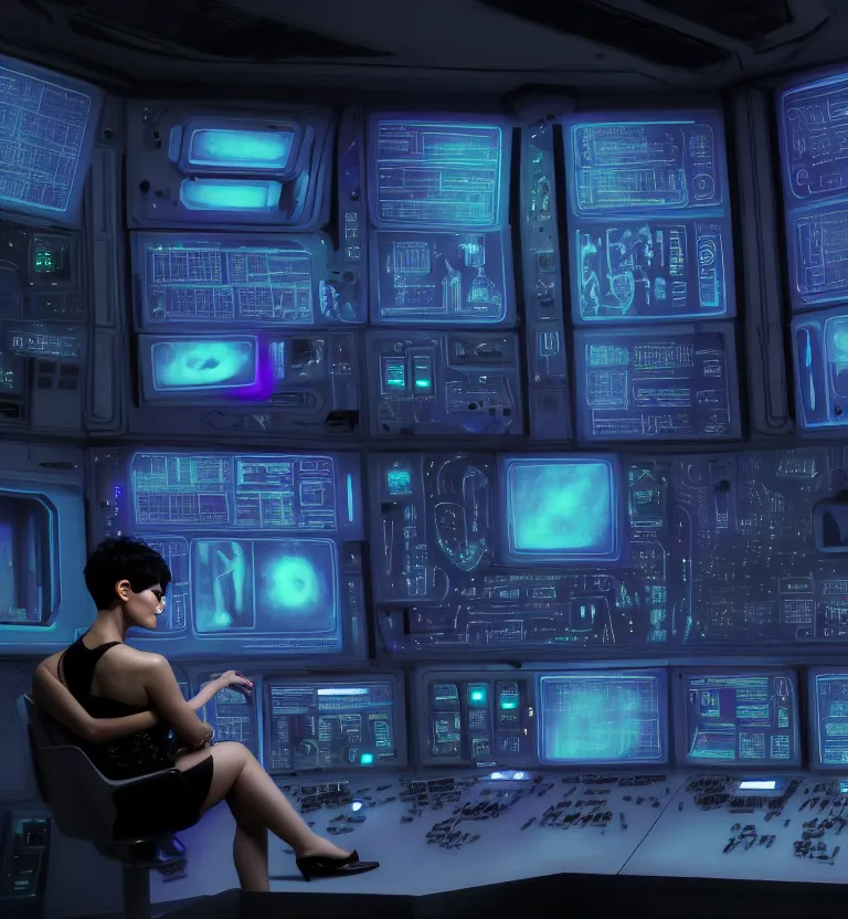 Prompt: beauty woman with short black hair pixie cut, sci-fi control room, in holograms of alien artifacts, electrical case display, total recall tech, ultrarealistic, dramatic lighting, electrical details, high details, 4k, 8k, best, accurate, trending on artstation, artstation, photorealism, ultrarealistic, digital painting, style of Peter Mohrbacher, Caravaggio, Boris Vallejo