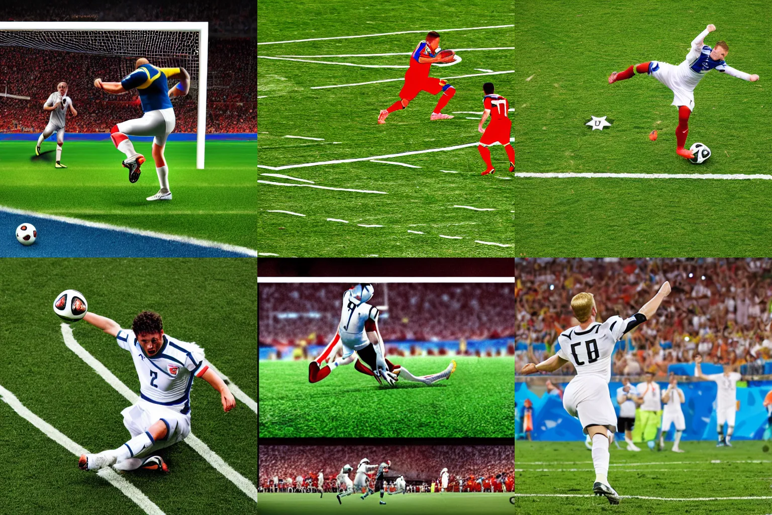 Prompt: Sports action photograph of a cyborg football player scoring the winning penalty at the FIFA World Cup