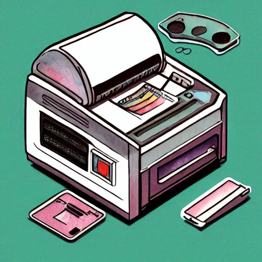 Image similar to an isometric watercolor illustration of an old printer in space, flat synthwave art style