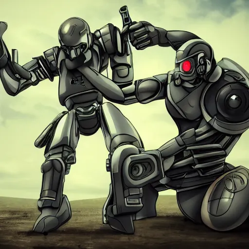 Image similar to anthropomorphic futuristic war robot - fighter killing a man - photographer, two figures, full body, clean background, photorealistic, detailed,