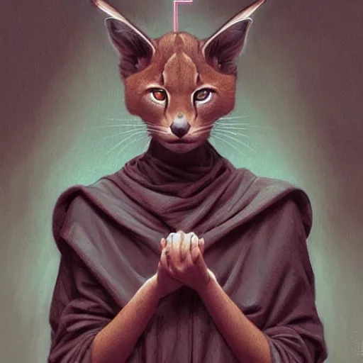 Image similar to portrait of a dystopian cute caracal wearing an outfit inspired by the handmaid ’ s tale ( 2 0 1 7 ), intricate, headshot, highly detailed, digital painting, artstation, concept art, sharp focus, cinematic lighting, digital painting, art by artgerm and greg rutkowski, alphonse mucha, cgsociety