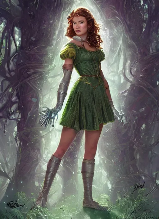 Image similar to beautiful female dorothy gale, rebecca romijn as dorothy, full body character concept, covered in full silver armor, armor plating, art nouveau, beautiful glowing emeralds, super powers, fantasy, intricate, elegant, highly detailed, digital painting, artstation, concept art, shining, sharp focus, illustration, art by stanley lau