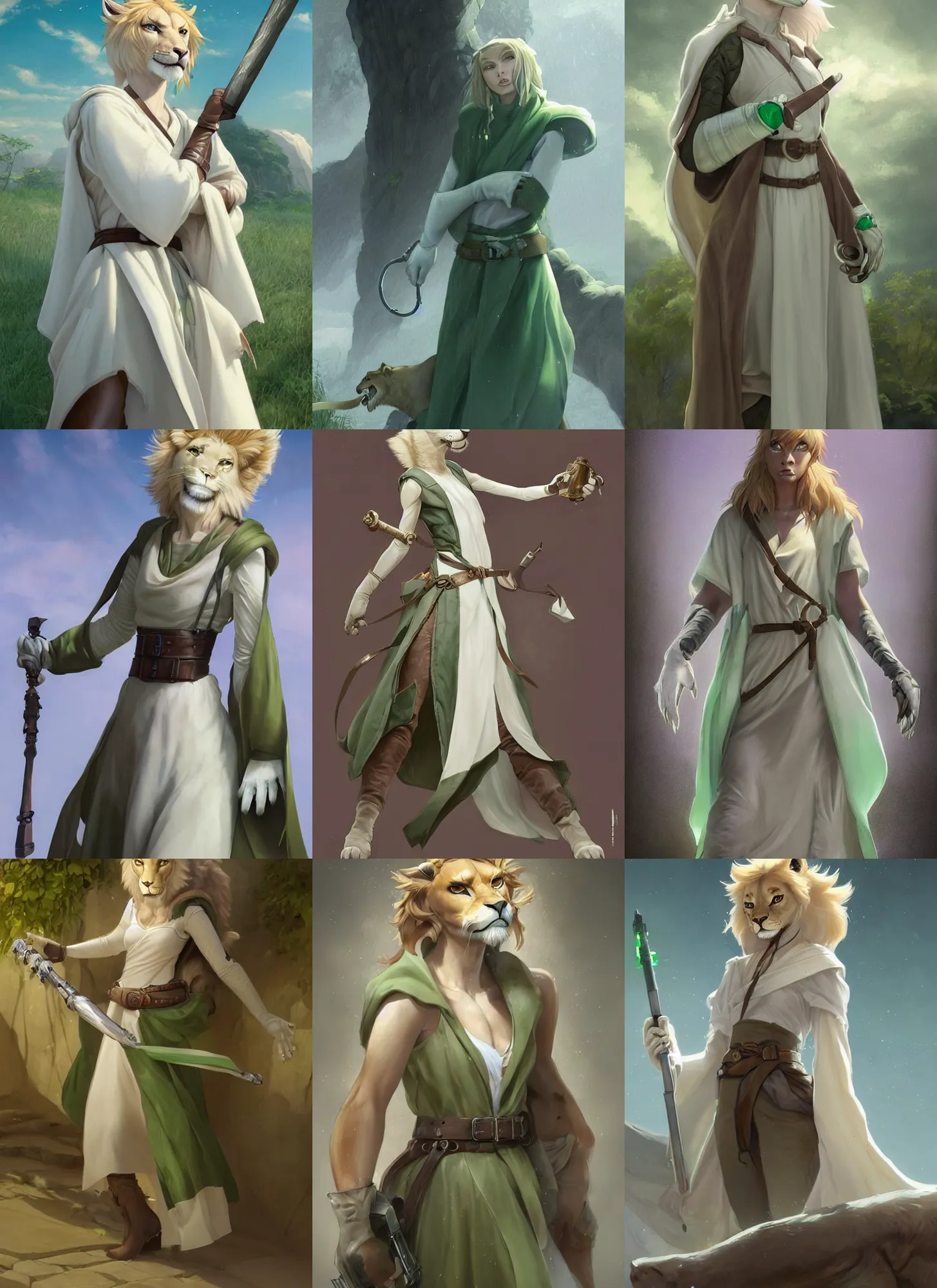 Prompt: beautiful portrait of a female anthropomorphic lioness fursona wearing a sleeveless pale - white and pale - green jedi robe. leather gloves. leather boots. leather belt. character design by charlie bowater, ross tran, artgerm, and makoto shinkai, detailed, soft lighting, rendered in octane