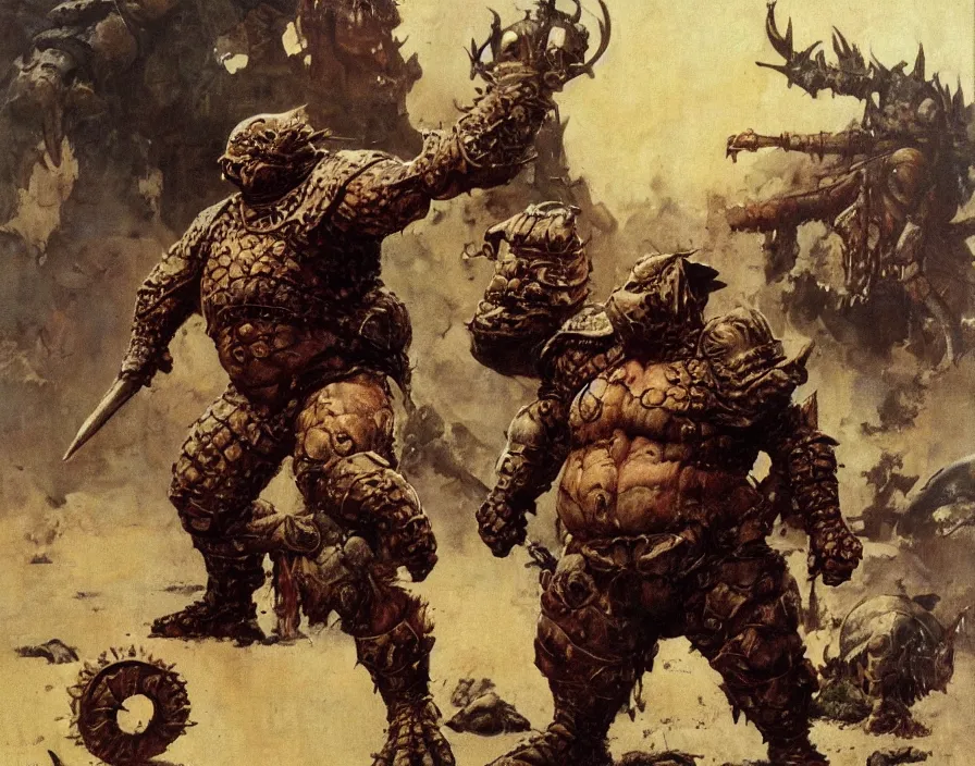 Prompt: a lone fat armoured warrior stands triumphant over a slain monster, normal rockwell, frank frazetta