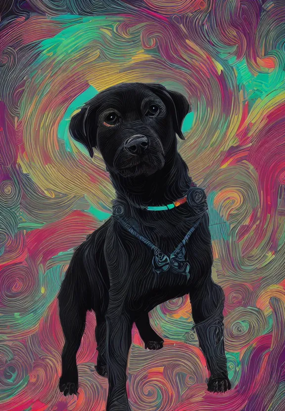 Prompt: Adorably cute Black Labrador, artstation winner by Victo Ngai, Kilian Eng and by Jake Parker, swirly vibrant color lines, winning-award masterpiece, fantastically gaudy, aesthetic octane render, 8K HD Resolution