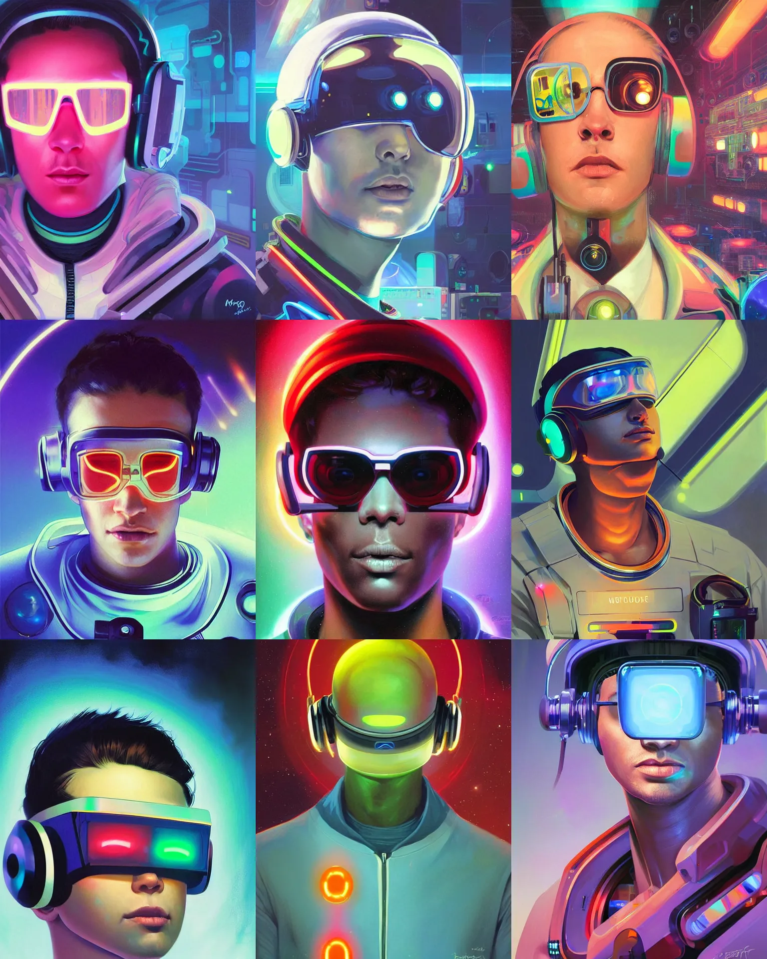 Image similar to future coder man looking on, sleek cyclops display over eyes and sleek bright headphoneset, neon accent lights, holographic colors, desaturated headshot portrait digital painting by dean cornwall, rhads, john berkey, tom whalen, alex grey, alphonse mucha, donoto giancola, astronaut cyberpunk electric