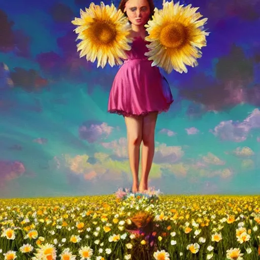 Image similar to girl face made of giant daisies, standing in a flower field, holding flowers, surreal photography, sunset dramatic light, impressionist painting, colorful clouds, large sky, digital painting, artstation, simon stalenhag