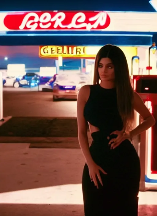 Prompt: a pov, color cinema film still of kylie jenner at a gas station, ambient lighting at night, from better call saul ( 1 9 9 9 ).