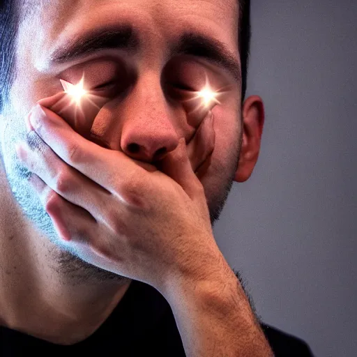 Prompt: Close up of a young, thin and stern catholic priest in his thirties fervently praying as he is about to die from the ominous terrifying Lovecraftian yellow shadow descending upon him from the night sky. Low angle, dramatic lighting. 4K photograph, 85mm sigma art lens