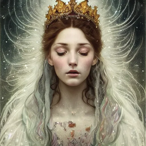 Image similar to Beautiful Delicate Detailed full head portrait of the queen of winter, With Magical grey eyes by Tom Bagshaw, Bastien Lecouffe Deharme, Erik Johansson, Amanda Sage, Alex Grey, Alphonse Mucha, Harry Clarke, Josephine Wall and Pino Daeni, Delicate winter frozen creature With long white windy Hair and Magical Sparkling Eyes, Magic Particles; Magic Swirls, in a oit of this world magical frozen landscape, 4K; 64 megapixels; 8K resolution concept art; detailed painting; digital illustration; hyperrealism; trending on Artstation; Unreal Engine Photorealistic, lifelike, Unreal Engine, sharp, sharpness, detailed, 8K