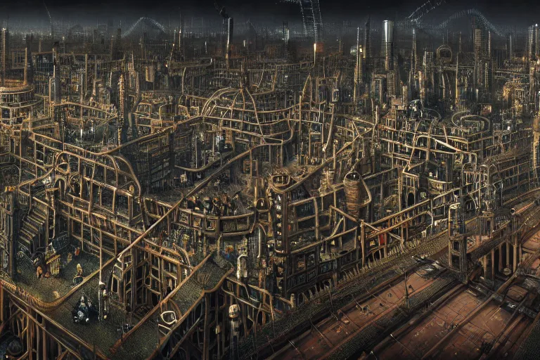 Prompt: an elaborate penned illustration of a apocalyptic intricate connected city of tubes and pipes, by jan van haasteren and jheronimus bosch, unreal engine, physically based rendering, ariel view, tilt - shift, grim, moody, cinematic