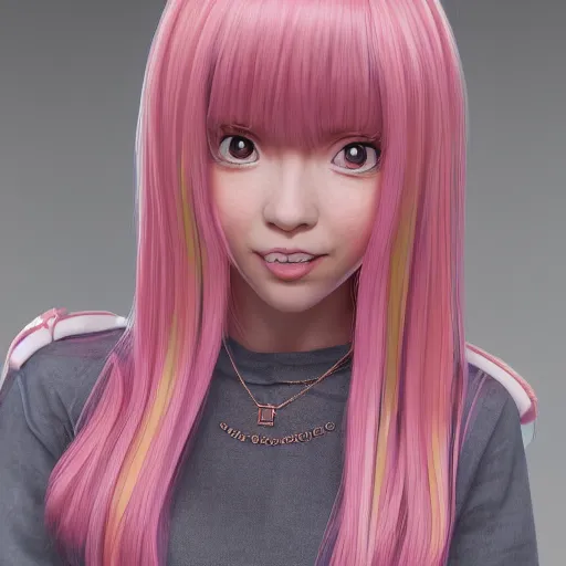 Image similar to A portrait of Nikki from Shining Nikki and Love, a cute 3d cgi toon young woman with long light pink hair, full bangs, hazel eyes, full face, light makeup, pale skin, Chinese heritage, cute outfit, medium shot, mid-shot, hyperdetailed, 8k, trending on artstation, as a Pixar character