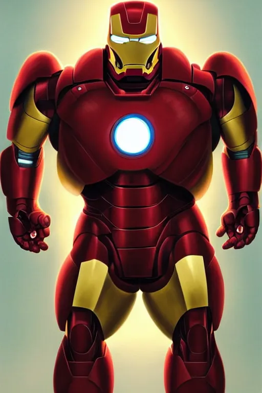 Image similar to Peter Griffin as Iron Man, Iron Man costume, Peter Griffin hairstyle, Peter griffin body type, Peter Griffin Face, calm, grumpy, portrait, masculine figure, highly detailed, digital painting, artstation, concept art, smooth, sharp focus, illustration, cinematic lighting, art by artgerm and greg rutkowski and alphonse mucha