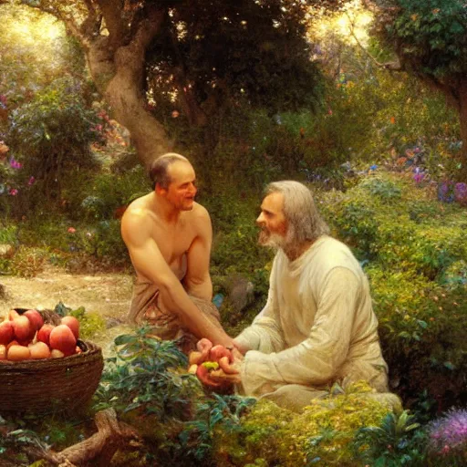 Prompt: isaac newton offering a half eaten apple to steve jobs in the garden of eden, artwork by gaston bussiere, craig mullins, trending on artstation