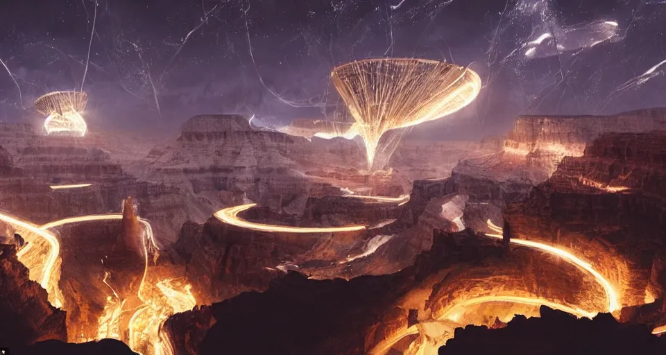 Image similar to night, a lot of people and a spiral - shaped white luminous attractor is floating in grand canyon, concept art, art for the game, professional lighting, art