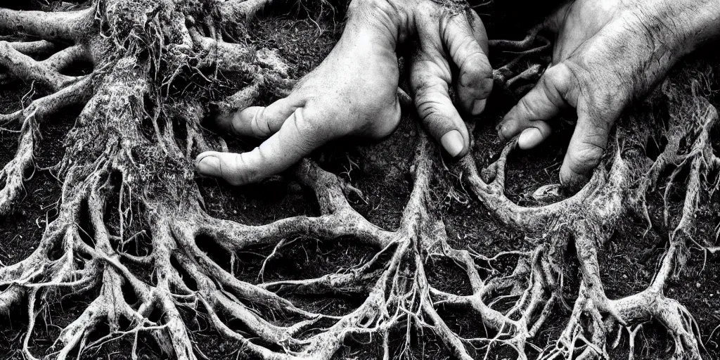 Prompt: ego perspective photography of own hands, rotting, getting overgrown by roots, forest, dolomites, alpine, detailed intricate insanely detailed octane render, 8k artistic 1920s photography, photorealistic, black and white, chiaroscuro, hd, by David Cronenberg, Raphael, Caravaggio