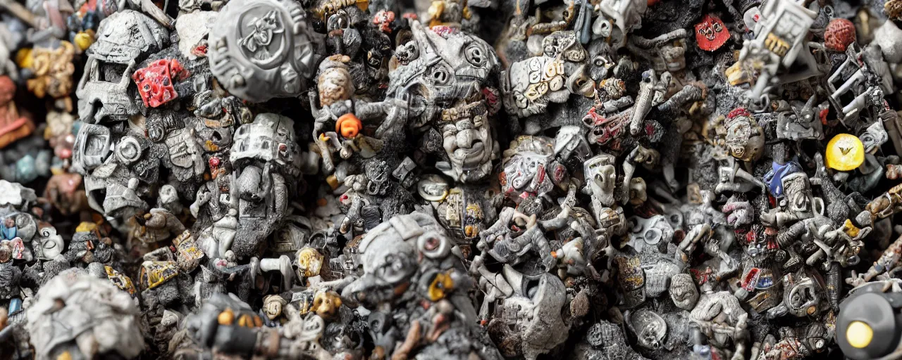 Image similar to a close up of a piece of plastiglomerate made from warhammer figures and face masks, photographic, highly detailed