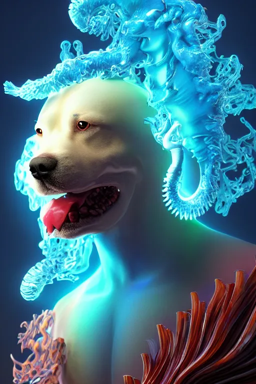 Image similar to 3 d dog as god close - up profile portrait with crown, betta fish, jellyfish phoenix, bio luminescent, flowing hair, muscular, partial anatomy, caesar victorious, plasma, ice, water, wind, creature, artwork by tooth wu and wlop and beeple and greg rutkowski