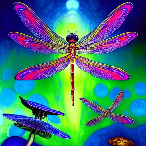 Prompt: An extremely psychedelic abstract illustration of celestial dragonfly, colorful, surreal, dramatic lighting, magic mushrooms, psilocybin, LSD, detailed, intricate, elegant, highly detailed, digital painting, artstation, concept art, smooth, sharp focus, illustration, art by Krenz Cushart and Artem Demura and alphonse mucha