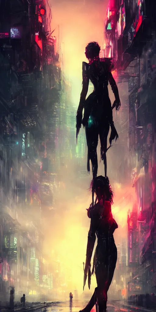 Prompt: back shot of one beautiful girl warrior in punk jacket gazing back into distance land, holding two swords that glows in neon red. standing on wet road, digital art by wlop. artstation contest winner, cinematic paint. lower shot. dramatic cloud and ruined city in background. blade runner