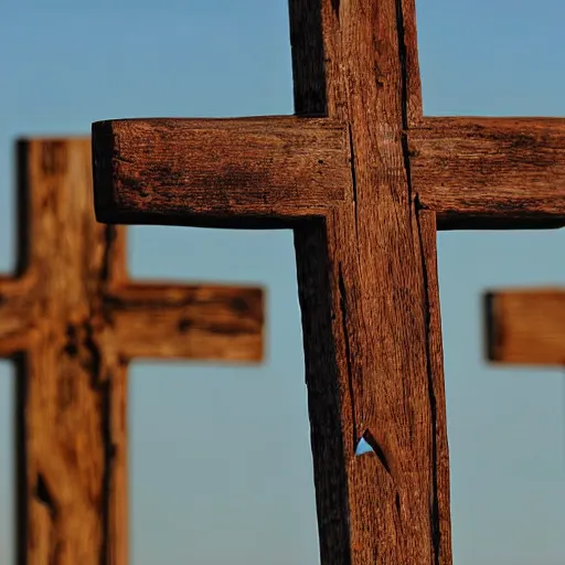 Image similar to beautiful photograph three 1st century empty wooden crosses on calvary hill, close up, dslr photo