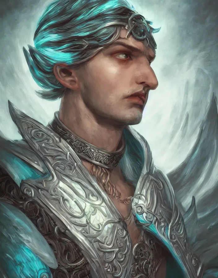 Prompt: An epic fantastic realism comic book style portrait painting of a male aasimar hexblade warlock, massive angel wings, teal energy, silver hair, D&D Concept Art, unreal 5, DAZ, trending on deviant art hyperrealistic, octane render, cosplay, RPG portrait, dynamic lighting