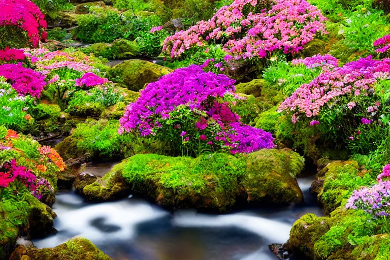 Prompt: colorful flowers growing next to a gentle creek, high resolution