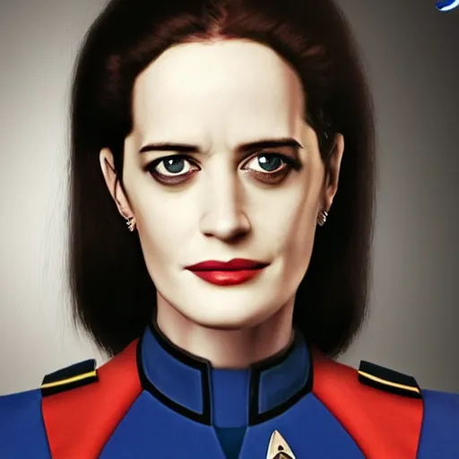 Image similar to a portrait of 3 0 year old eva green as a star fleet officer from star trek next generation, ultra rendered, extreme realism and detail, 8 k, highly detailed, realistic, completely framed, hyper realistic, colorful, direct lighting, 3 5 mm photo, photorealistic, sharp focus