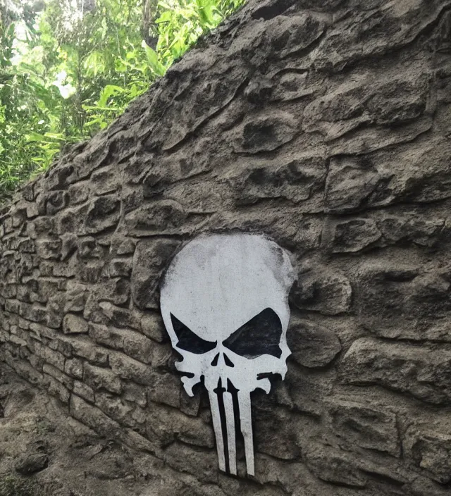 Image similar to punisher symbol carved deeply into stone edifice in the jungle with luminous smoke and light rays.