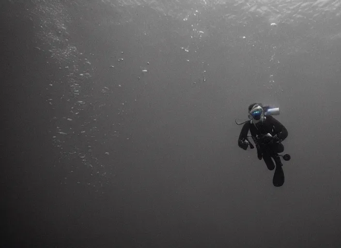 Prompt: underwater photo with a tiny cyborg in the center. Cinematic post-processing. Award winning