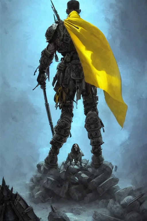 Image similar to a distant shot from behind of a Ukrainian super soldier with blue and yellow flag behind him standing alone on a huge pile of skulls as a winner, masculine muscular figure, D&D, fantasy, intricate, elegant, highly detailed, extremely detailed, digital painting, artstation, concept art, matte, smooth, sharp focus, illustration, art by Artgerm and Greg Rutkowski and Alphonse Mucha