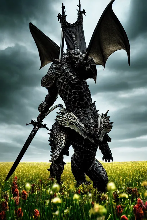 Image similar to hyperrealistic neo - gothic cinematic armored dragon holding sword in a field of flowers, highly detailed smooth digital art masterpiece, vitaly bulgarov dramatic low light, ground angle uhd 8 k, sharp focus