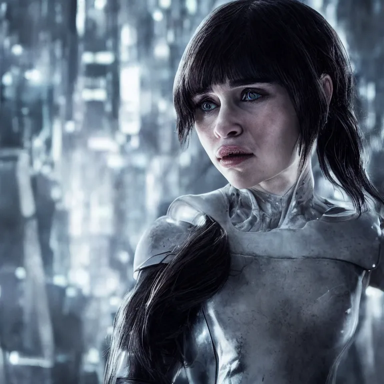 Prompt: photo of emilia clarke in style of ghost in the shell, elegant lady, extremely high detail, extremely high detailed face, cyborg, photorealism, sony a 7 r