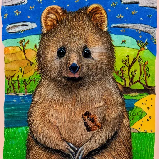 Prompt: detailed illustration, a happy quokka on rotttnest island in the style of may gibbs, layered composition, layers, texture, textured, layered, sculpted, dynamic, 🦋,